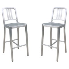 Industrial Classic Emeco 1006 Navy Brushed Aluminum Bar Height Stools - a Pair