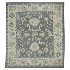 Gray & Blue Floral Design Handwoven Wool Turkish Oushak Rug 8'1" x 9'2"