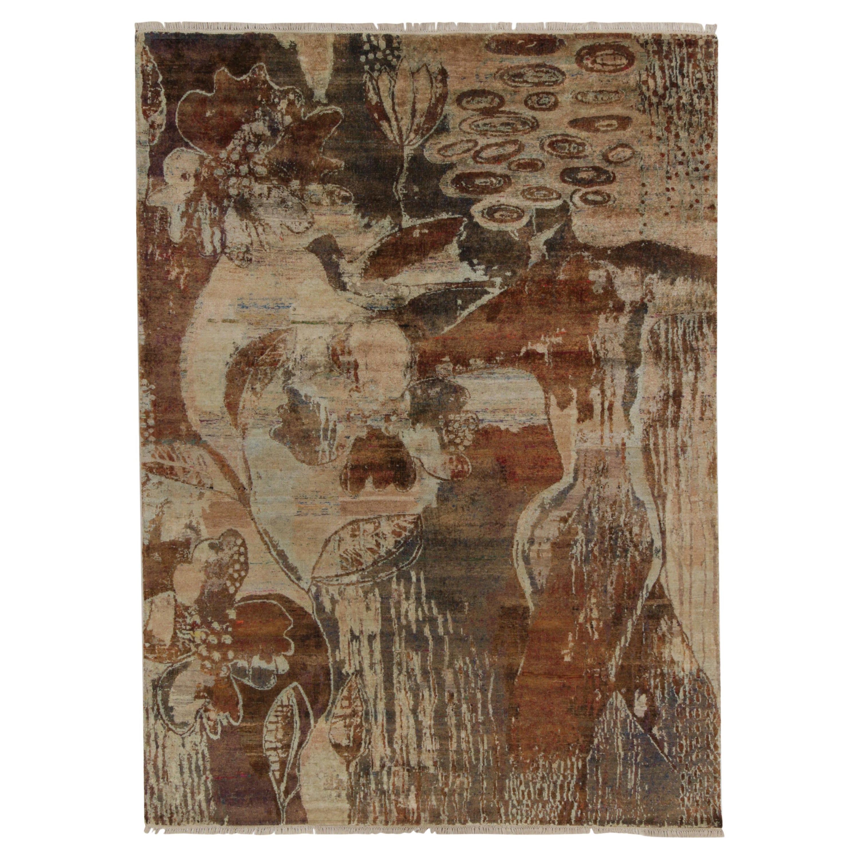 Rug & Kilim’s Impressionist Style Abstract Rug in Beige-Brown Floral Patterns For Sale