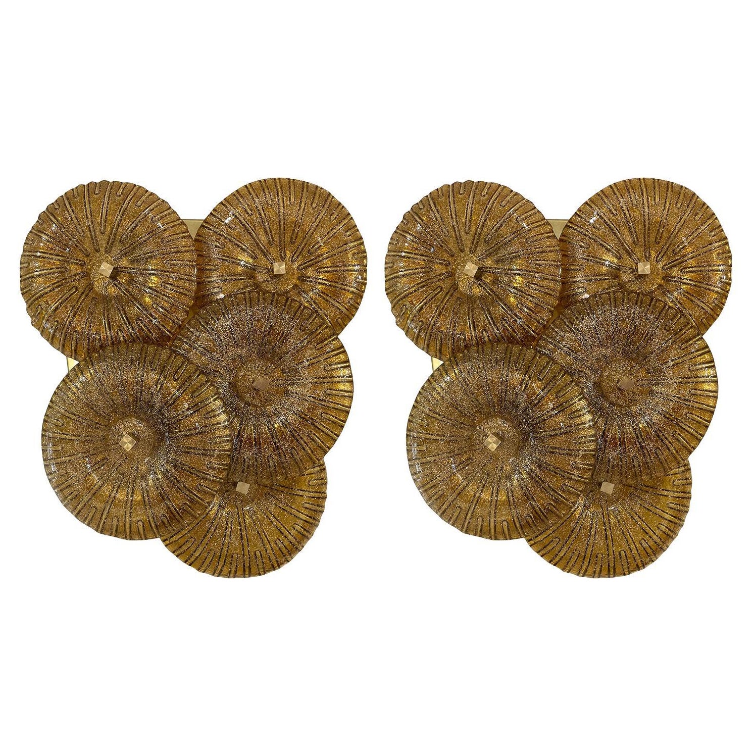 20th Century Gold-Brown Italian Pair of Smoked Murano Glass Discs Wall Appliques For Sale