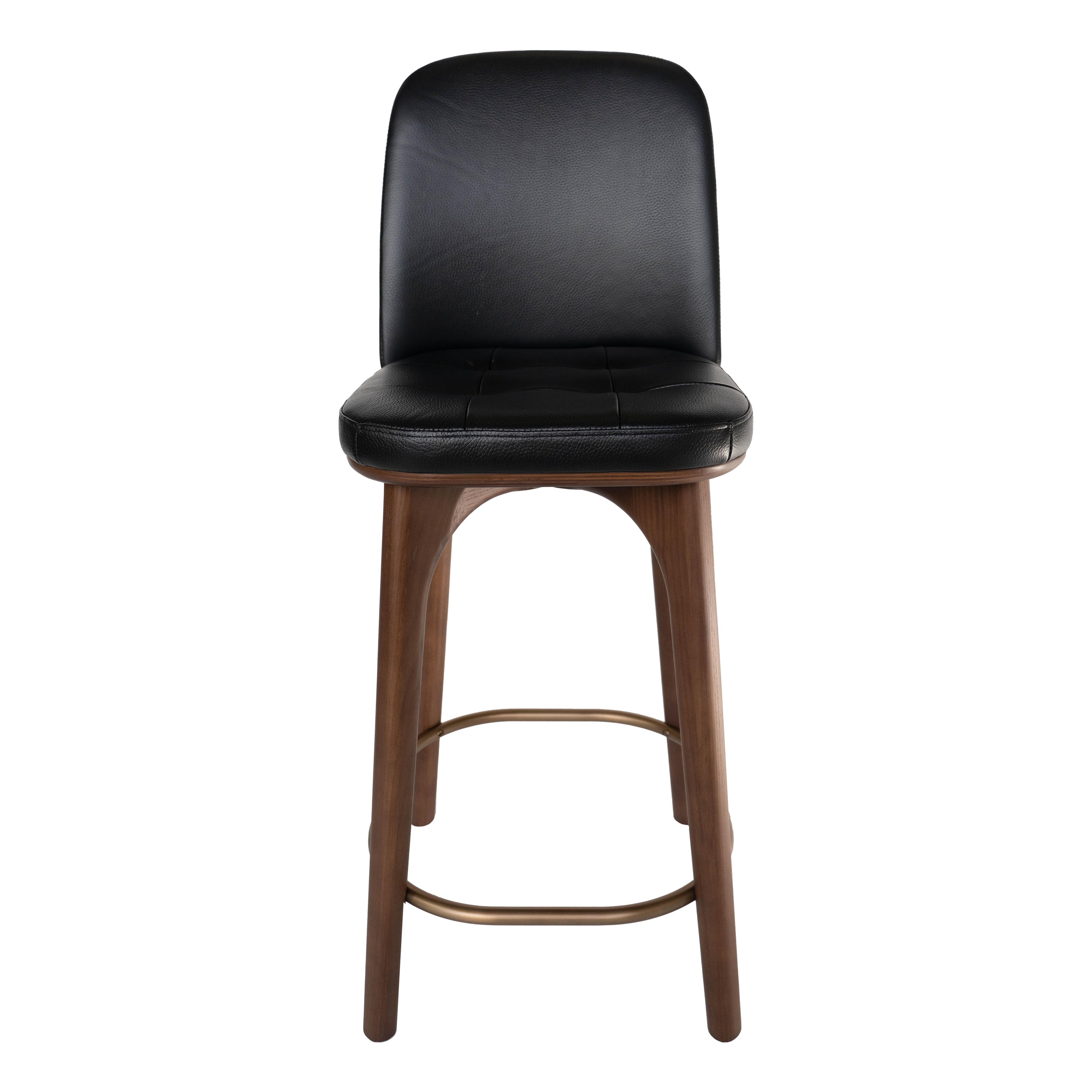 Stellar Works Utility Counter Chair Walnut stained Ash, Caress Black Leather For Sale