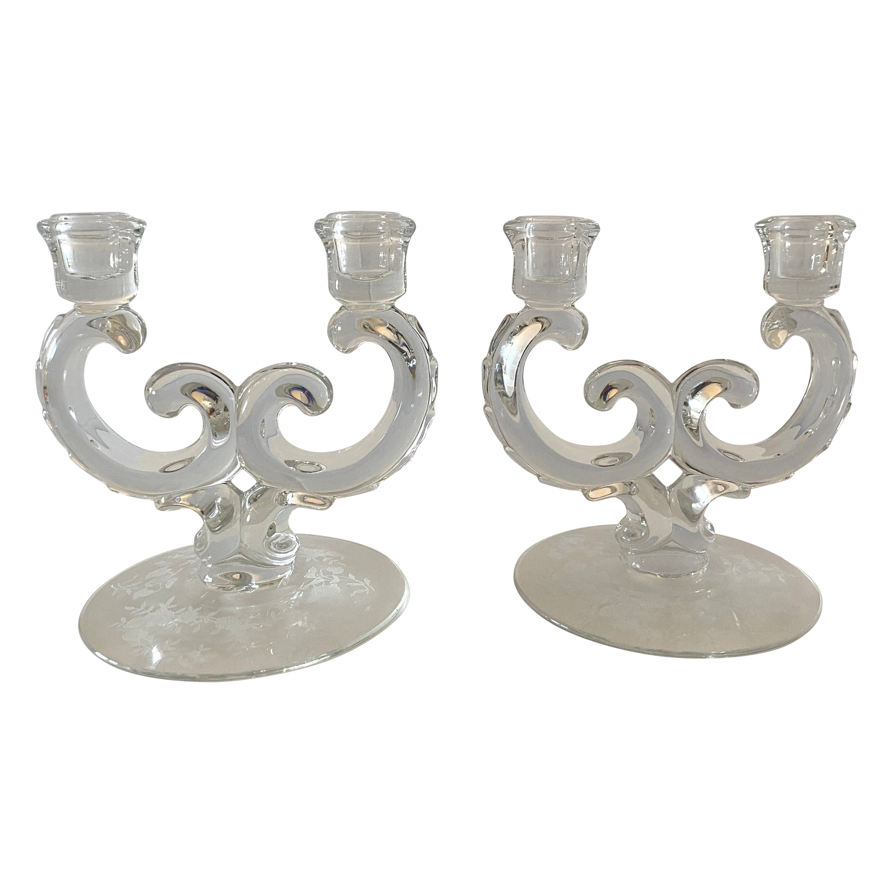 Pair of Modernist Sculpted Glass Candleholders with Etched Circular Base For Sale