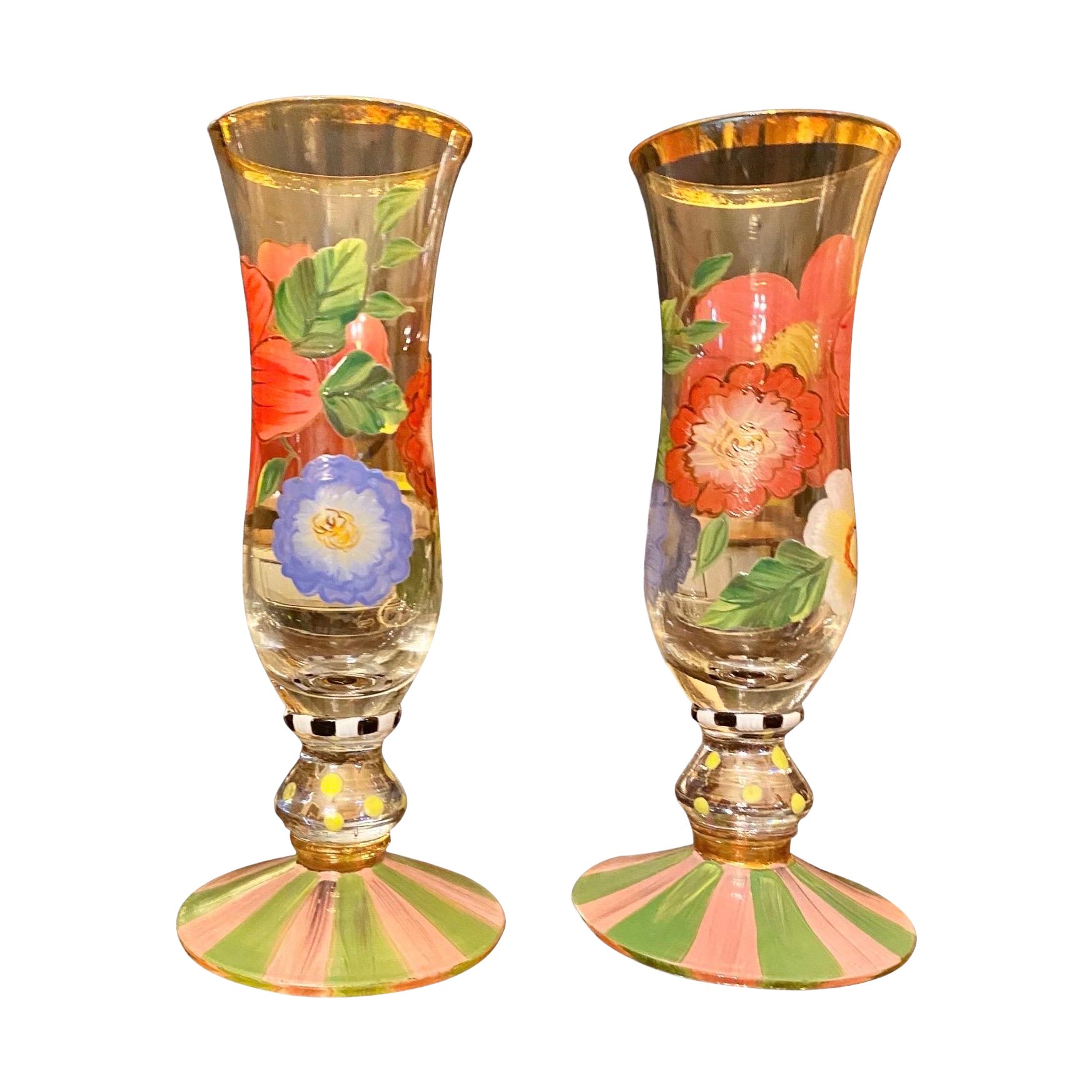 Set of Two MacKenzie- Childs Flower Market Hand-Painted Champagne Glasses 