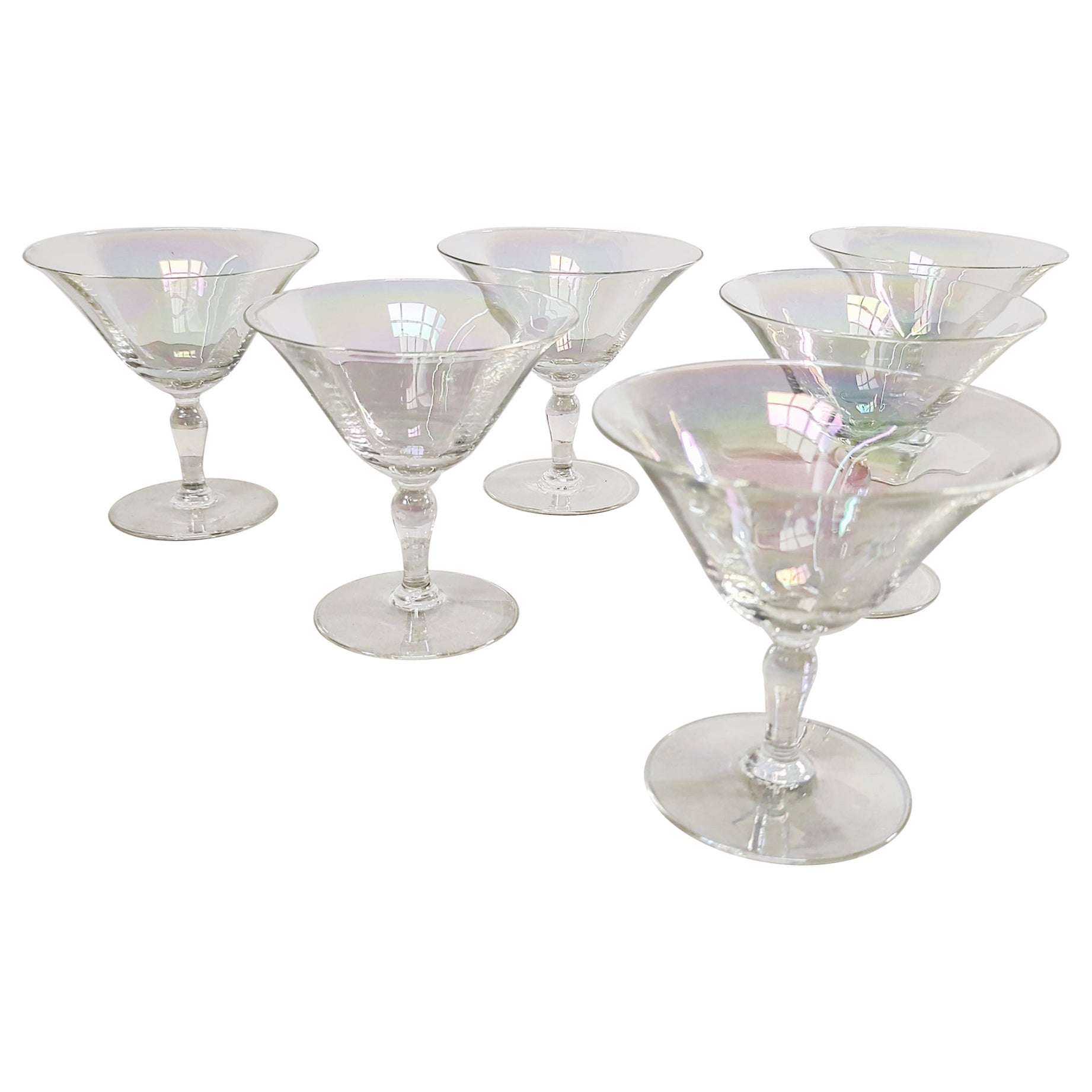 Set of 6 Vintage Hand Blown Iridescent Luster Tulip Coupe Glasses 1930s For Sale