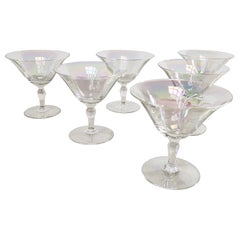 Set of 6 Antique Hand Blown Iridescent Luster Tulip Coupe Glasses 1930s