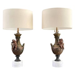 Pair of Antique French Classical Urn Style Table Lamps with Cherubs 