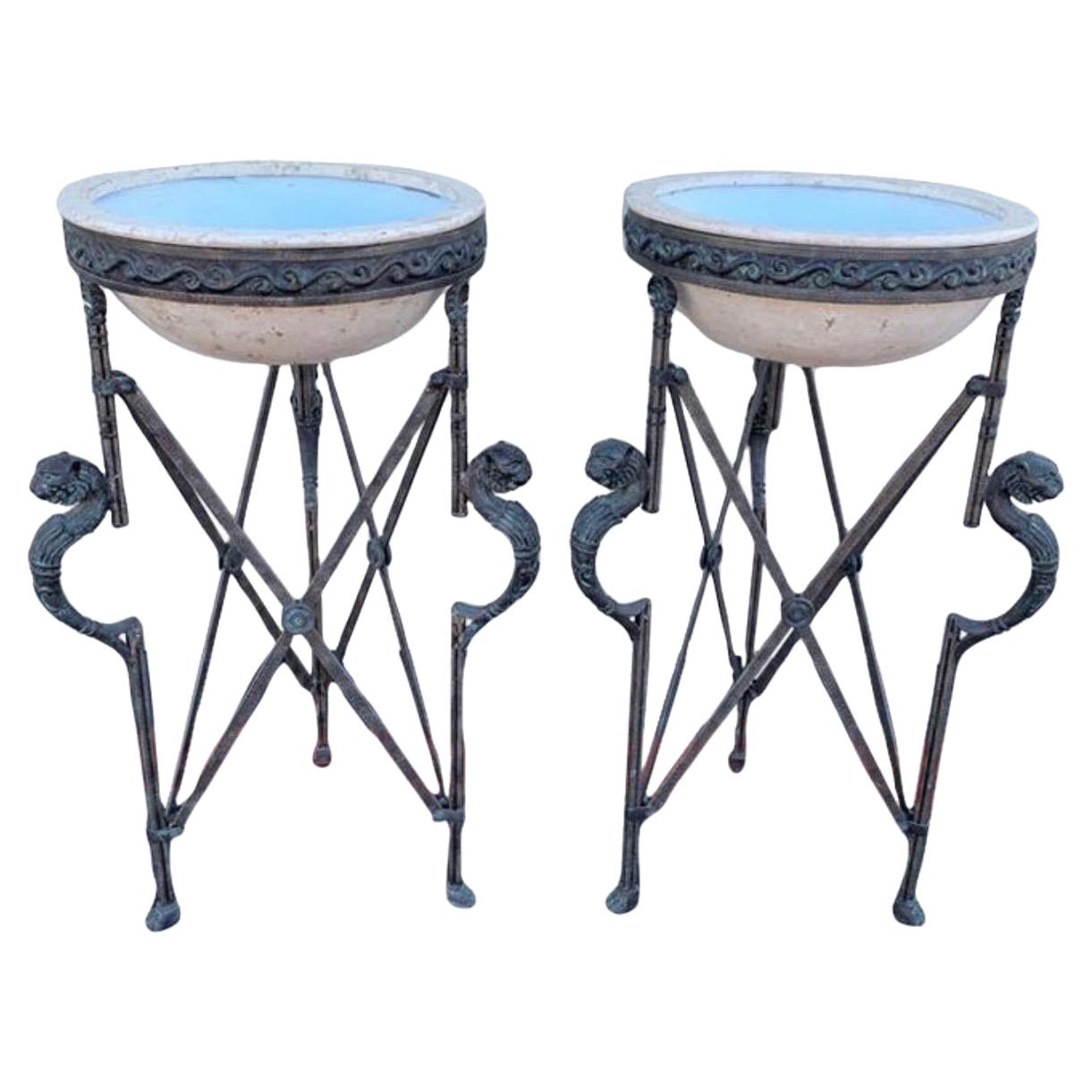 Pair of Metal Bronze and Travertine Pedestal Planters For Sale