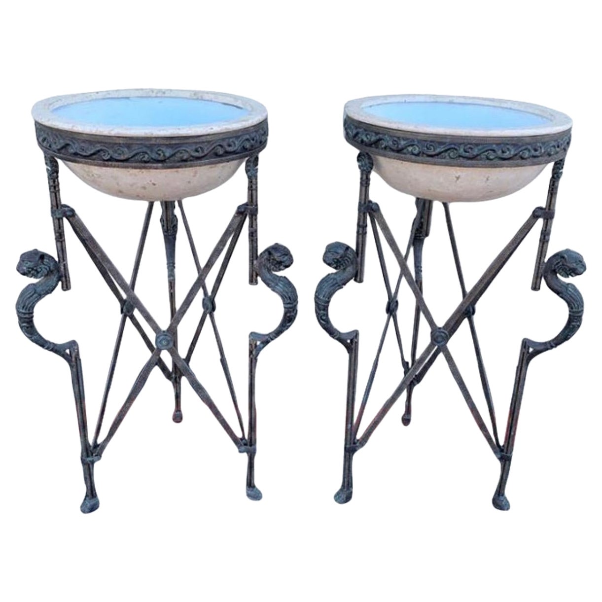 Pair of Metal Bronze and Travertine Pedestal Planters