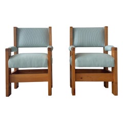 Pair of pinstriped chunky pine captain chairs