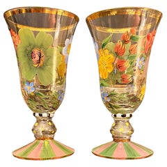 Vintage Set of Two Mackenzie- Childs Flower Market Hand-Painted Goblets Glasses