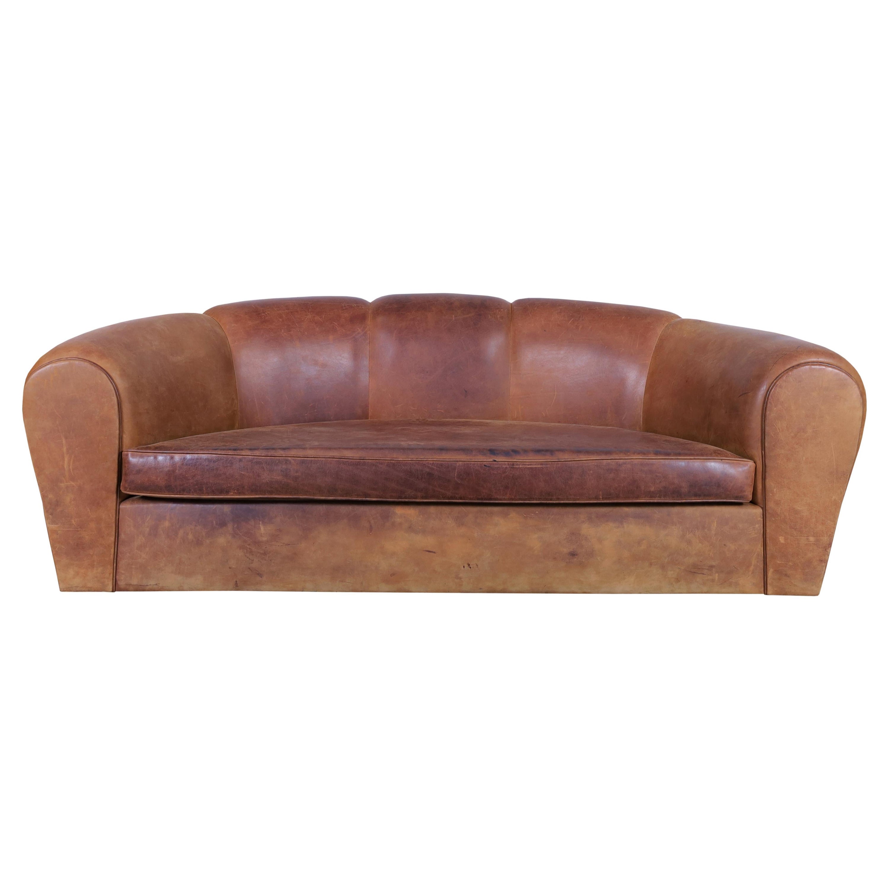 French Art Deco Leather "Croissant" Sofa
