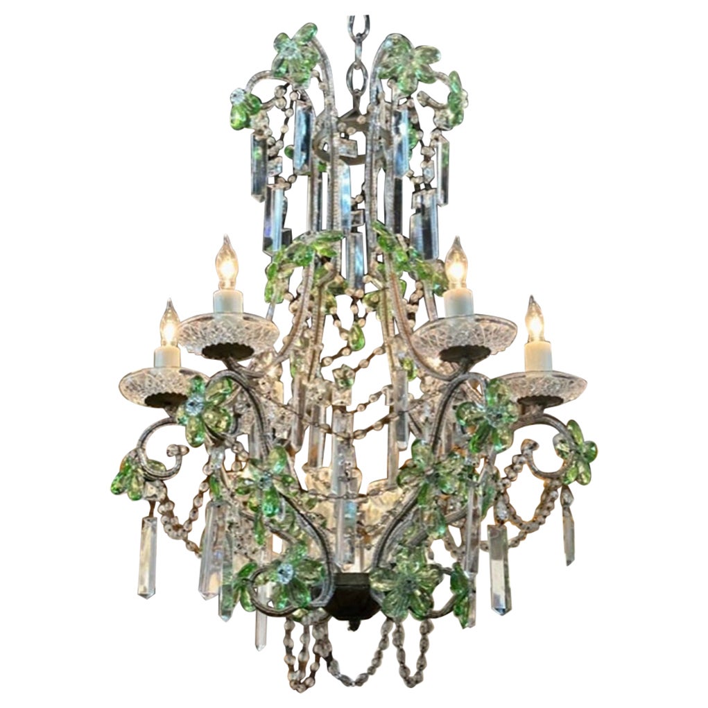 Vintage Italian Beaded Crystal and Green Prism Chandelier For Sale