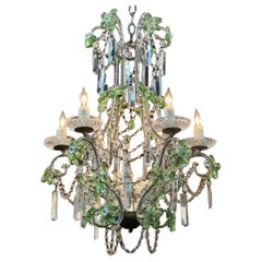 Vintage Italian Beaded Crystal and Green Prism Chandelier