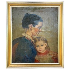 Vintage Regency Mother and Daughter Original Oil Portrait Painting, Framed