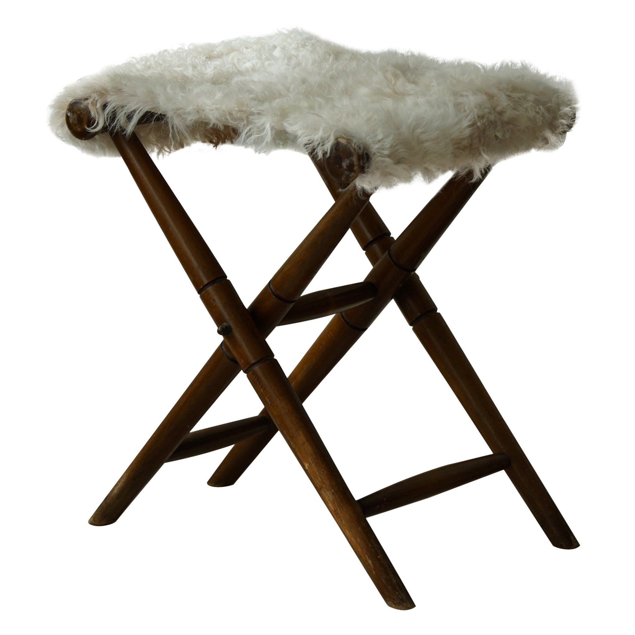 Foldable Stool, Reupholstered in Longhaired Sheepskin, Mid-Century Modern, 1950s For Sale