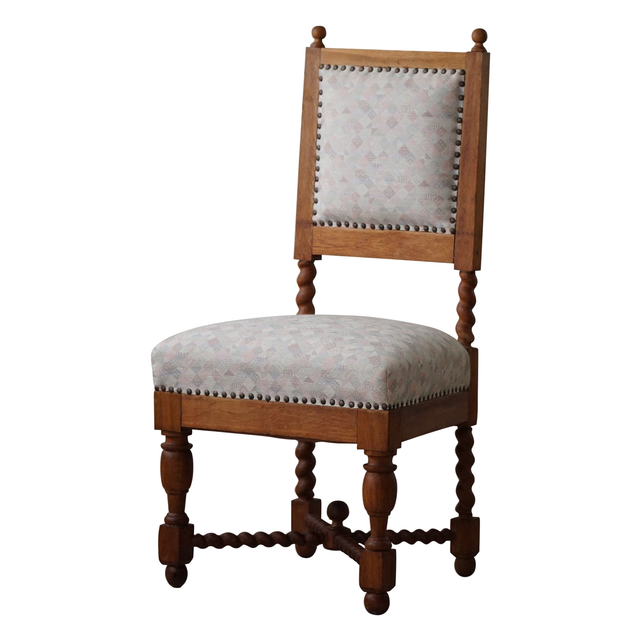 Baroque Style English Chair with Barley Twisted Legs in Oak, 1920s For Sale