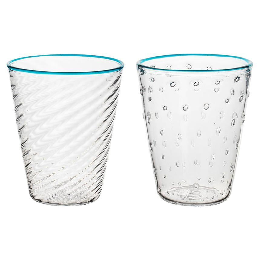 Murano Glass Ultralight Set of 2 Mixed-Texture Tumblers with Aquamarine Rim