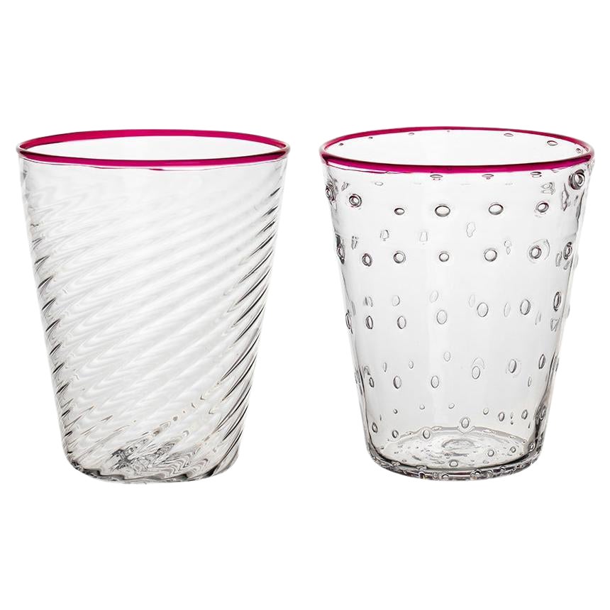 Murano Glass Ultralight Set of 2 Mixed-Texture Tumblers with Ruby Rim For Sale