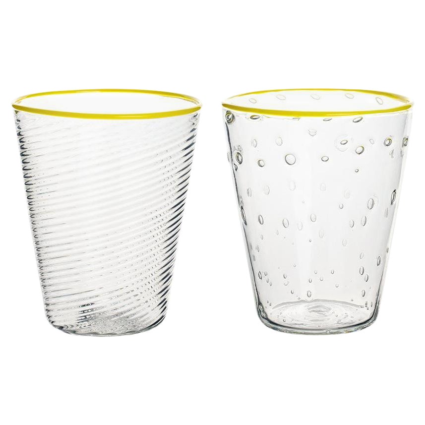Murano Glass Ultralight Set of 2 Mixed-Texture Tumblers with Yellow Rim For Sale
