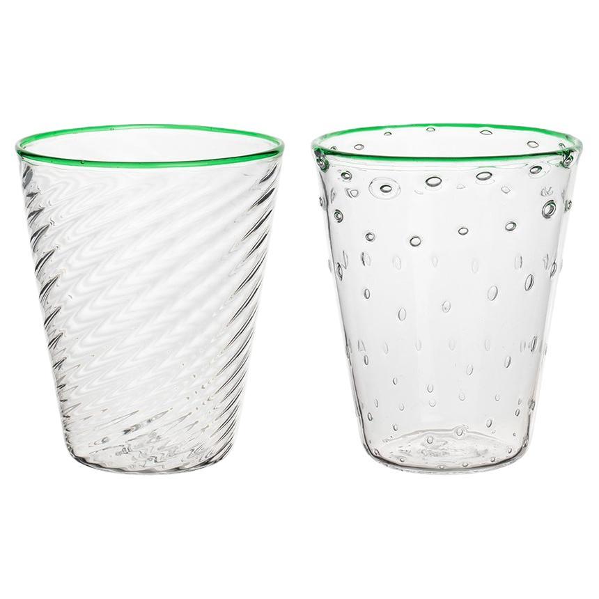 Murano Glass Ultralight Set of 2 Mixed-Texture Tumblers with Emerald Rim For Sale