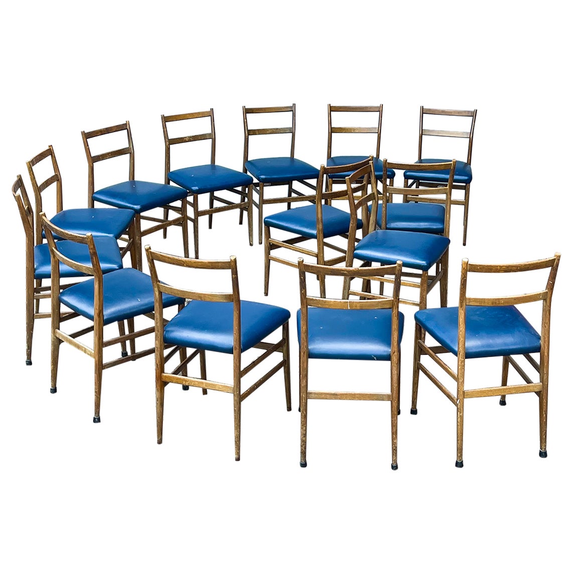 14 Mid Century Italian Dining Chairs, By Gio Ponti - Wood And Blue Leather - 