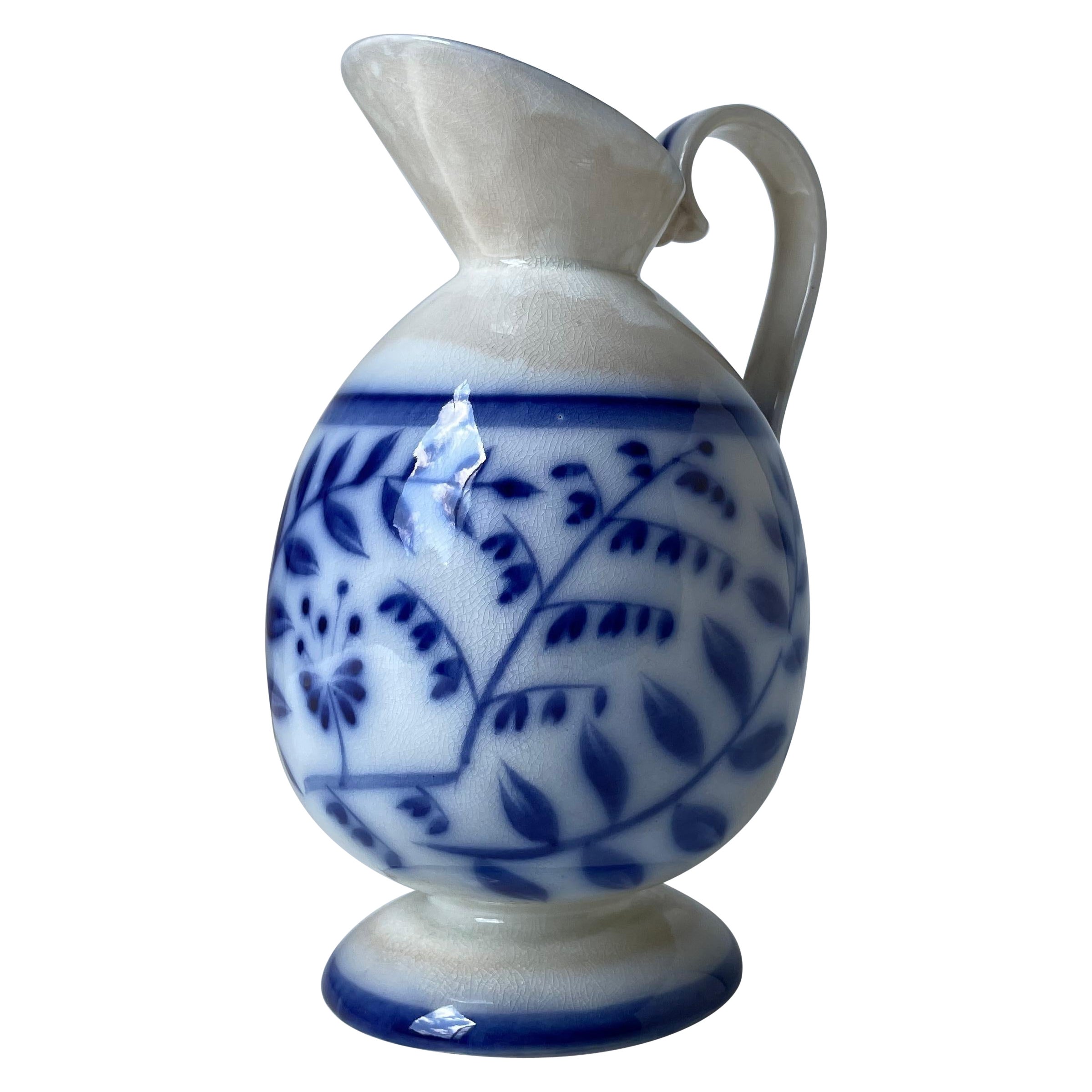 Arthur Percy (attr.) 1930s Floral Porcelain Blue White Pitcher Vase, Gefle 