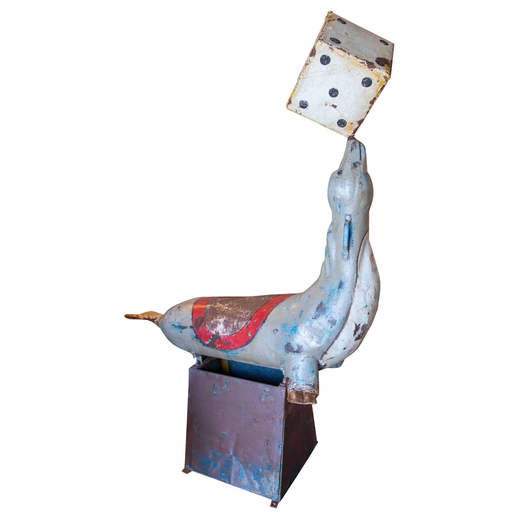 Hand-Painted Iron Seal Sculpture of a Carousel playing with dice For Sale