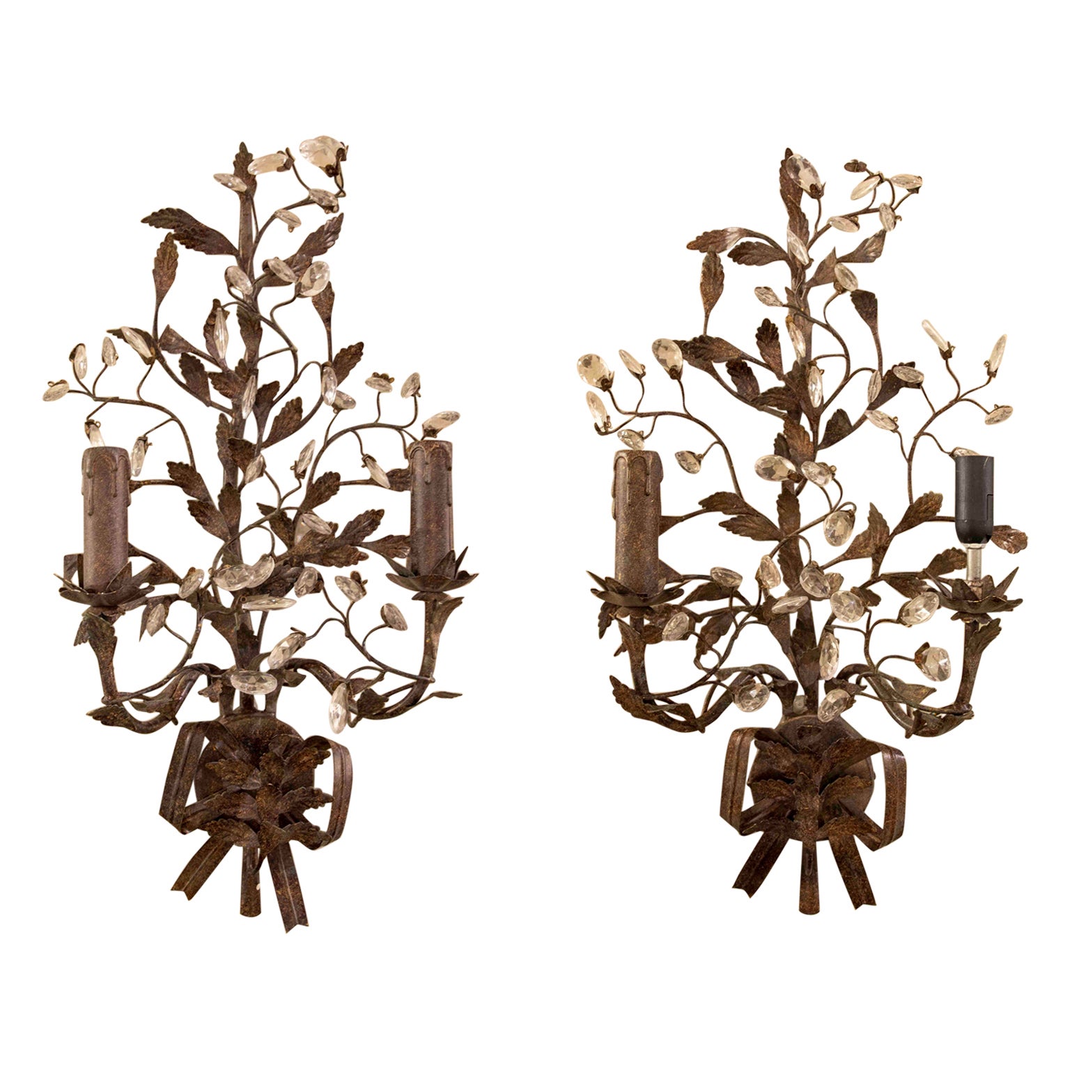 19th Century French Pair of Metal Sconces with Crystals For Sale