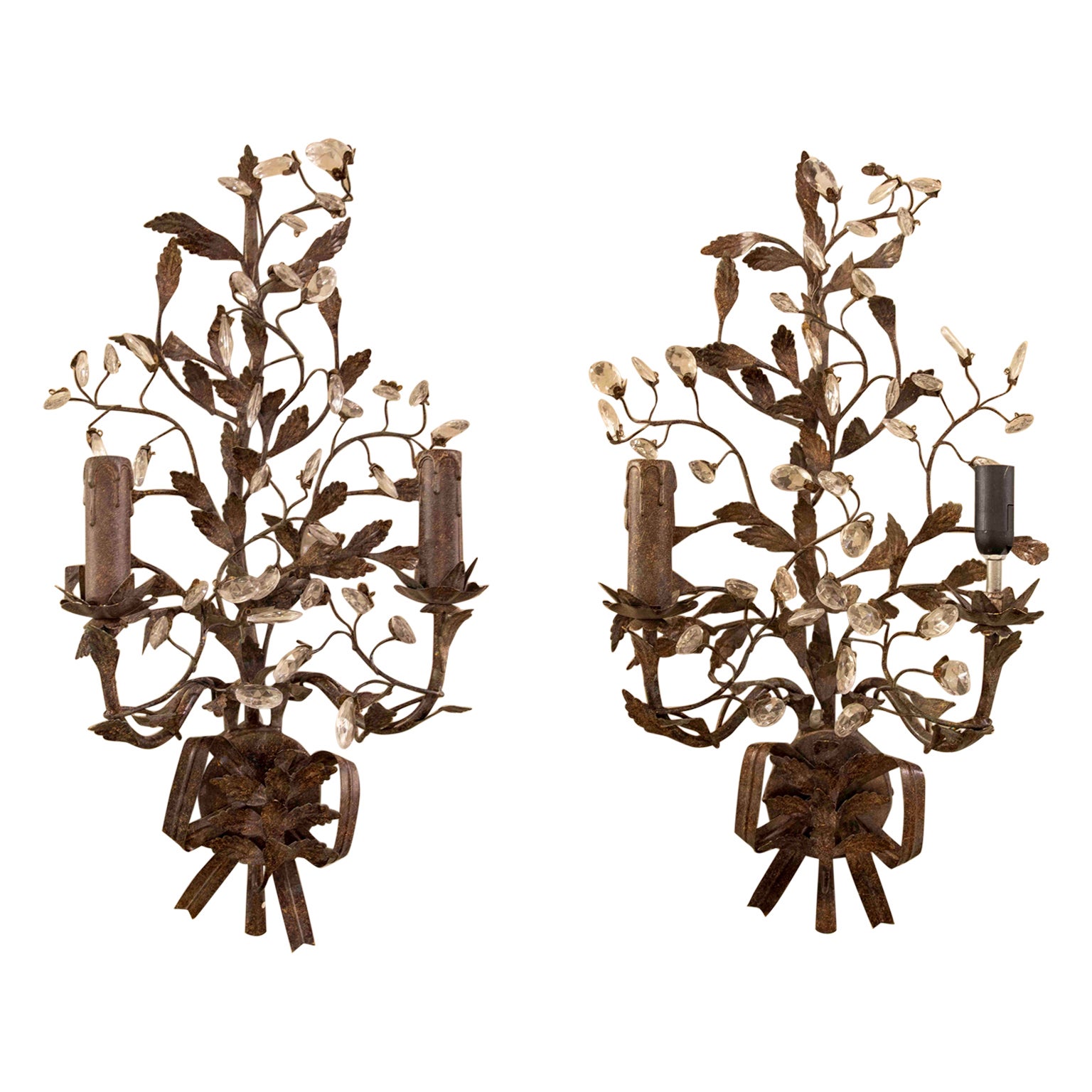 19th Century French Pair of Metal Sconces with Crystals