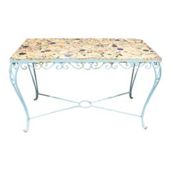 French Rectangular Iron Garden Table with Decorative Cement Top with Decoration