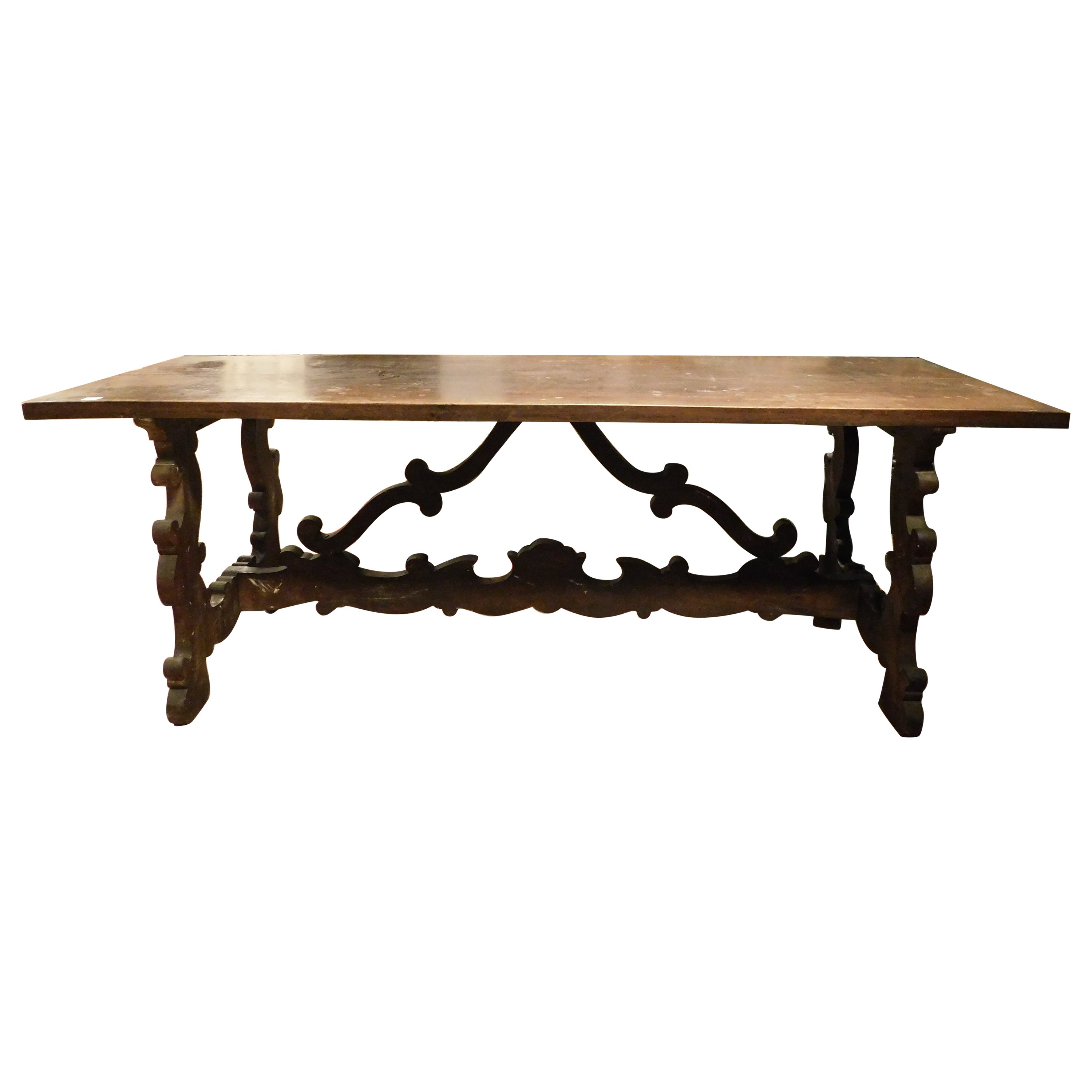Old refectory table in walnut with wavy legs , dinner table