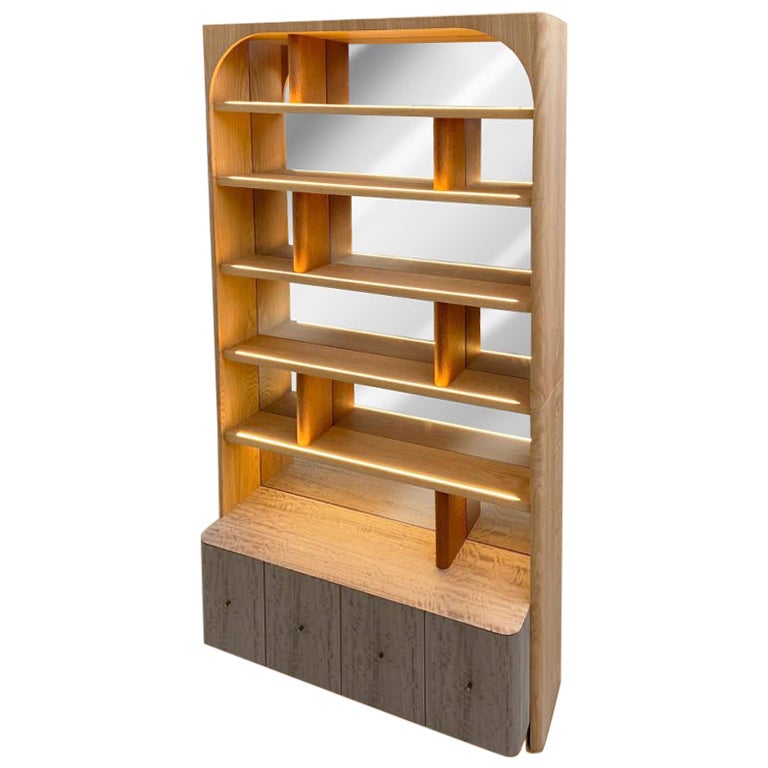 Round Edges Wood Bookcase With Storage And Lighting Contemporary Design