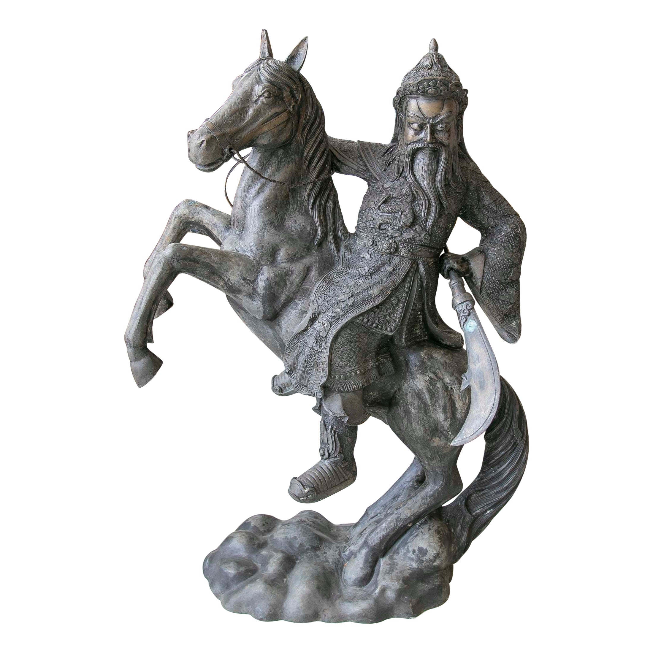 Sculpture of Persian Warrior in Bronze on Horseback with Sword