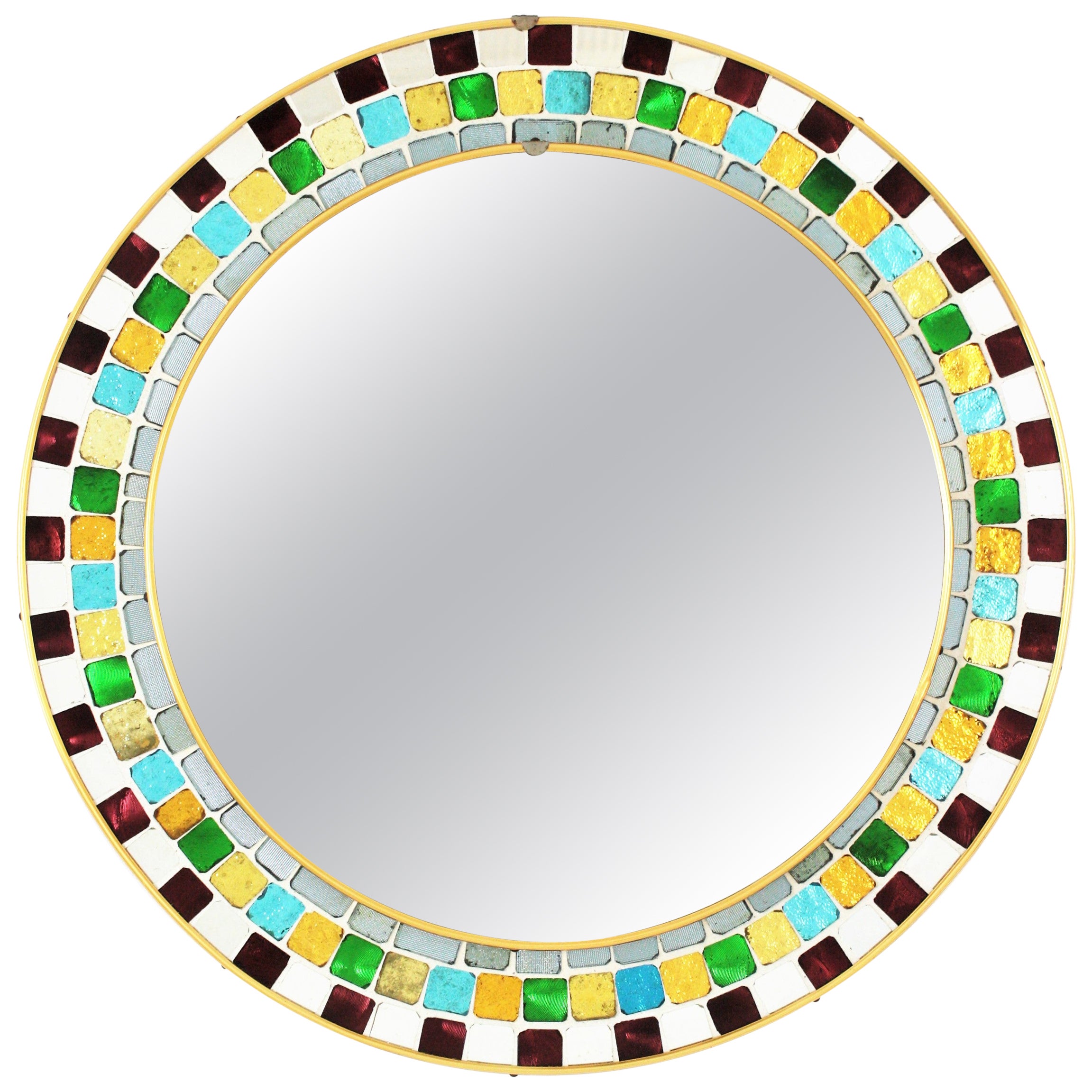 Midcentury Round Mirror with Multi Color Glass Mosaic Frame  For Sale