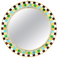Vintage Midcentury Round Mirror with Multi Color Glass Mosaic Frame 