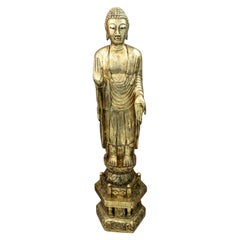 Gilded Wooden Sculpture of Buddha Standing on Lotus Flower and Temple