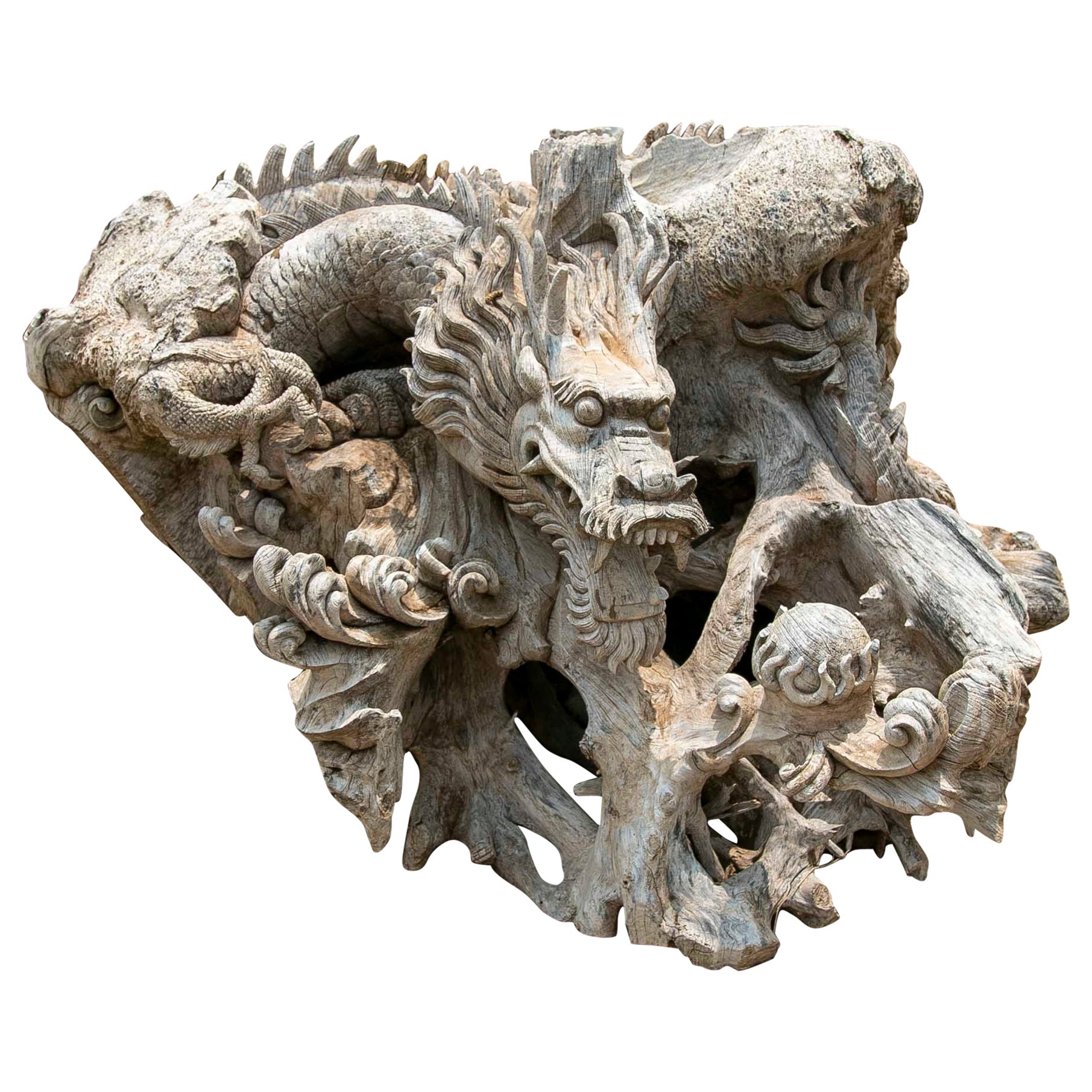 Chinese Hand-Carved Dragon Wooden Sculpture For Sale