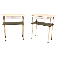 Used Pair of White Lacquered Nightstands with Marble Tops and Glass Shelves, Italy