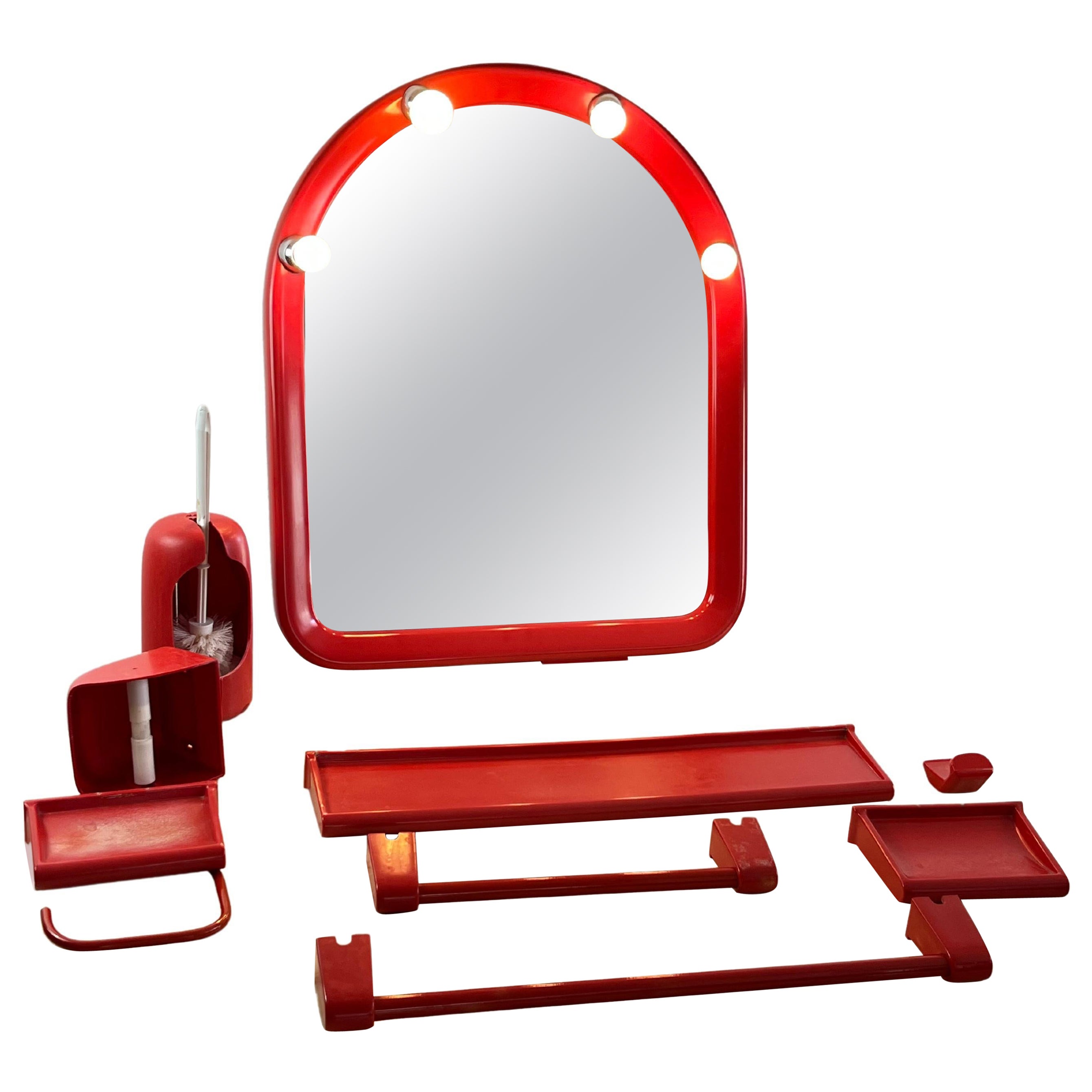 Vintage 9-piece Mirror and Bathroom Accessory Set in red plastic, Italy, 1970s
