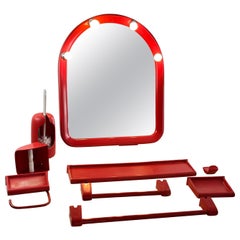 Retro 9-piece Mirror and Bathroom Accessory Set in red plastic, Italy, 1970s