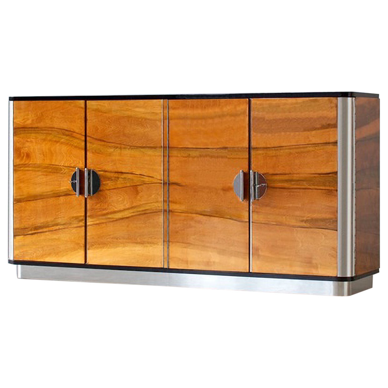 Modernist Four Door Sideboard, Veneered Wood, Chrome Plated Metal, Customizable For Sale