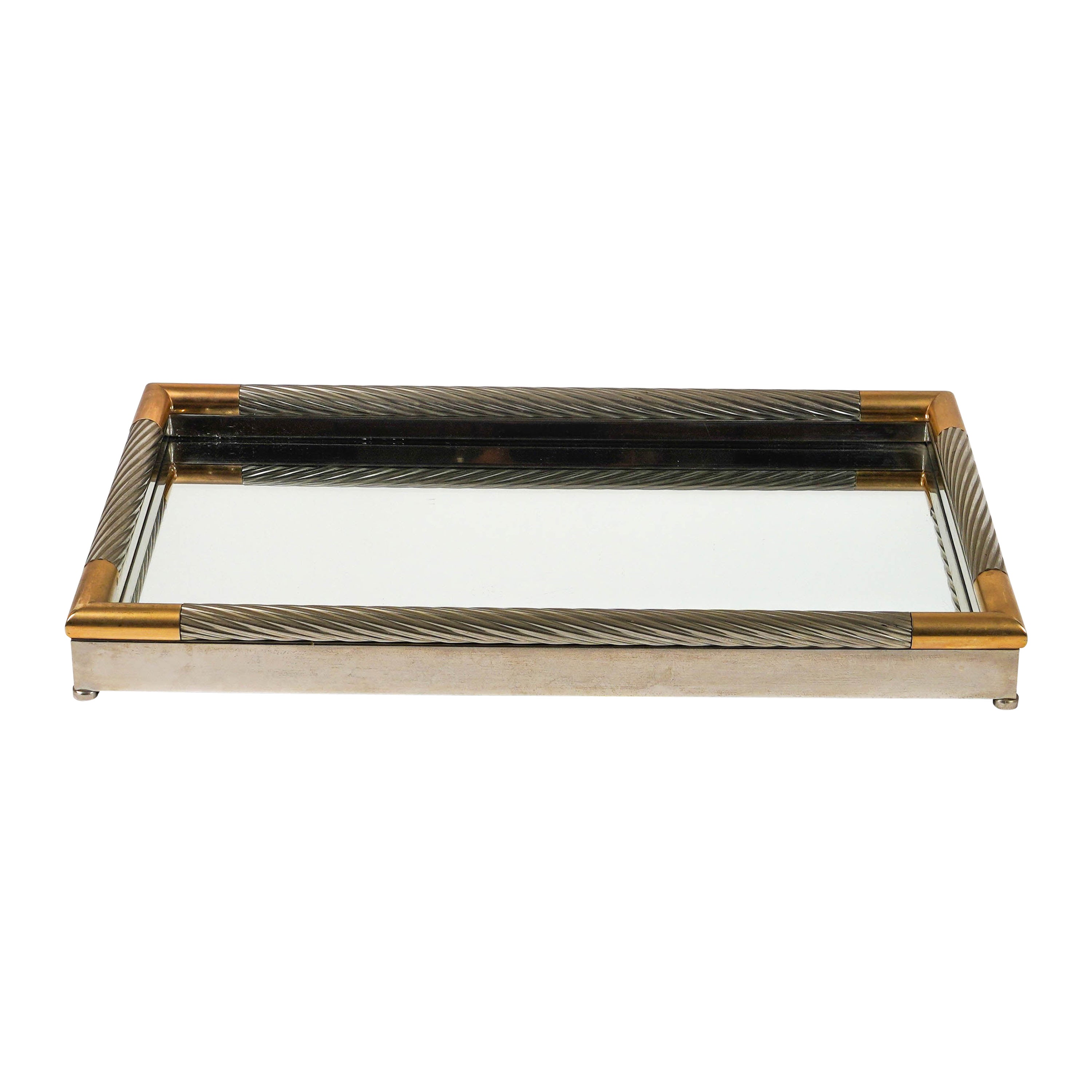 Serving Tray in Silver Metal, Brass and Mirror by Tommaso Barbi, Italy 1970s