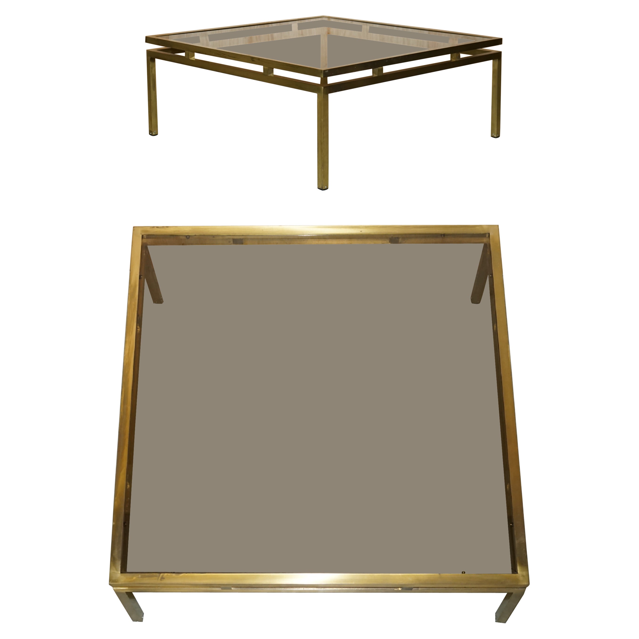 MiD CENTURY MODERN MAISON JANSEN PARIS STYLE BRASS SMOKED GLASS COFFEE TABLE For Sale