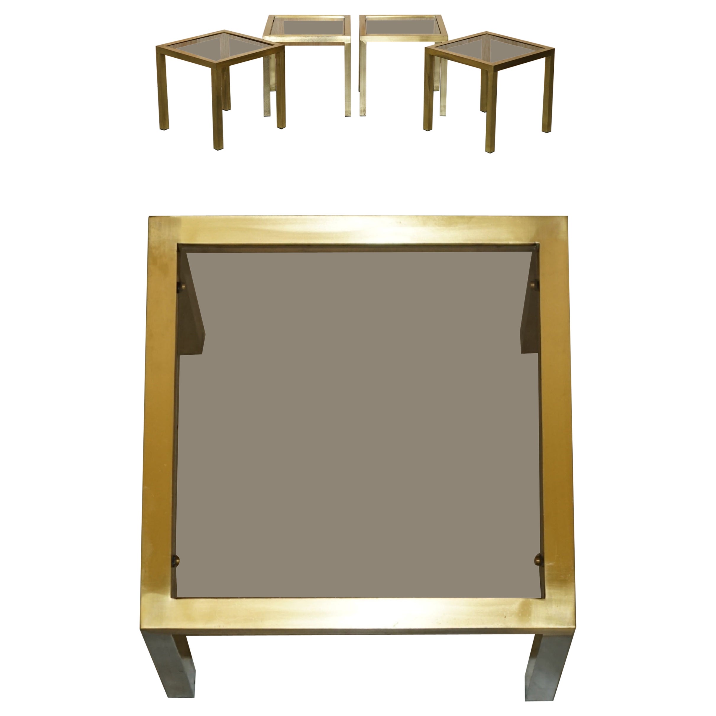 FOUR MID CENTURY MODERN MAISON JANSEN PARIS STYLE BRASS SMOKED GLASS SiDE TABLES For Sale
