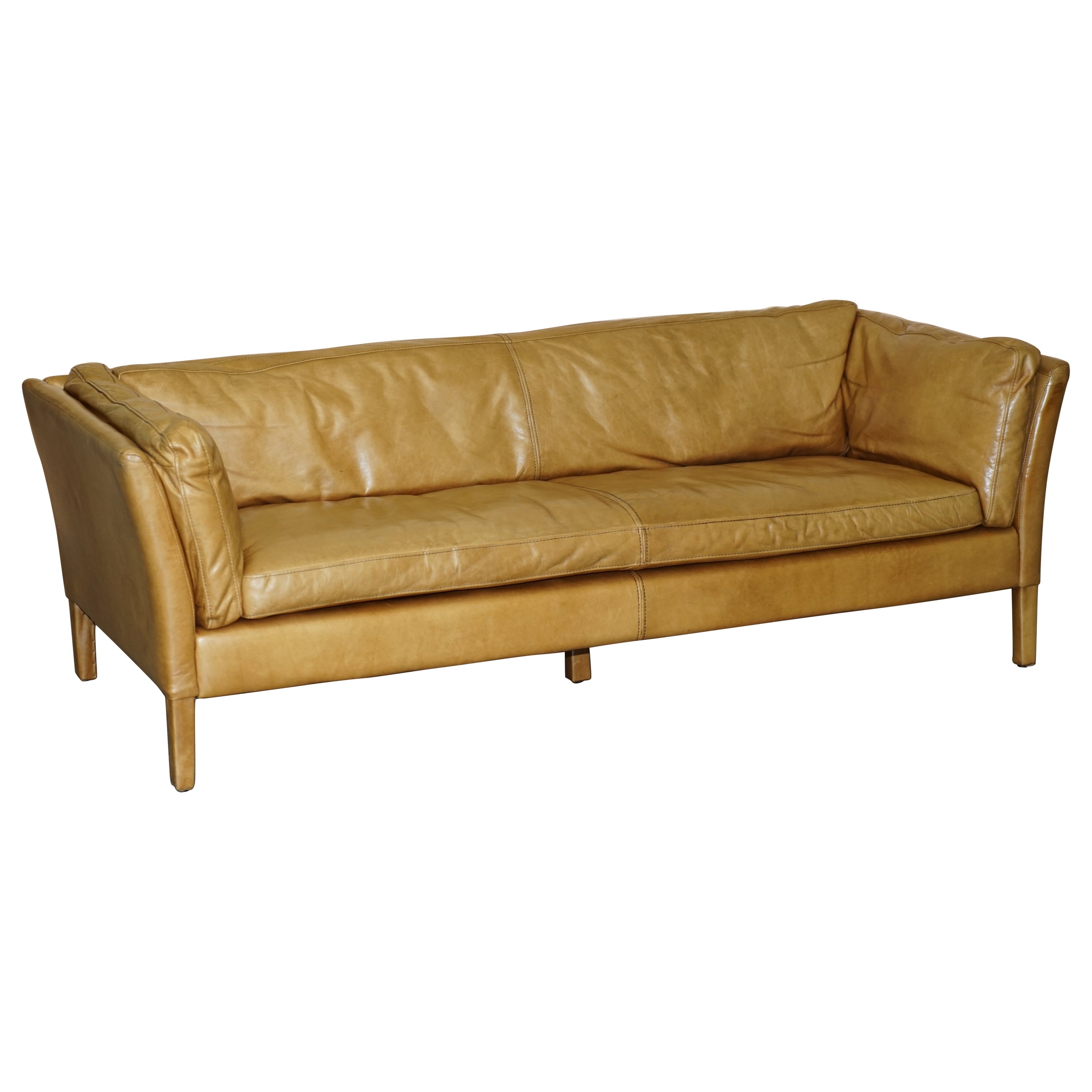 STYLiSH SUPER COMFORTABLE LARGE HALO GROUCHO TAN BROWN LEATHER THREE SEAT SOFA For Sale