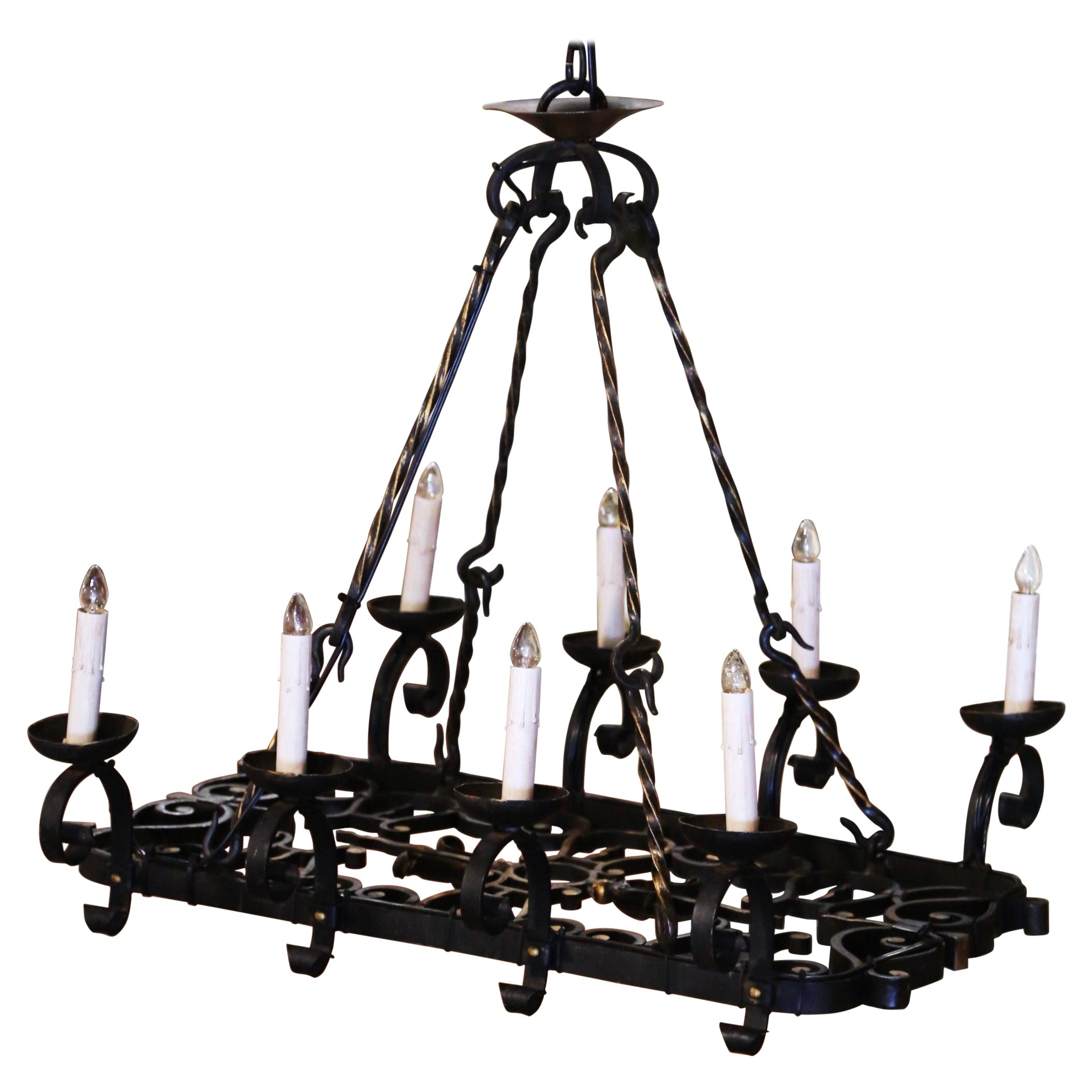 19th Century French Gothic Verdigris Flat Bottom Iron Eight-Light Chandelier  For Sale