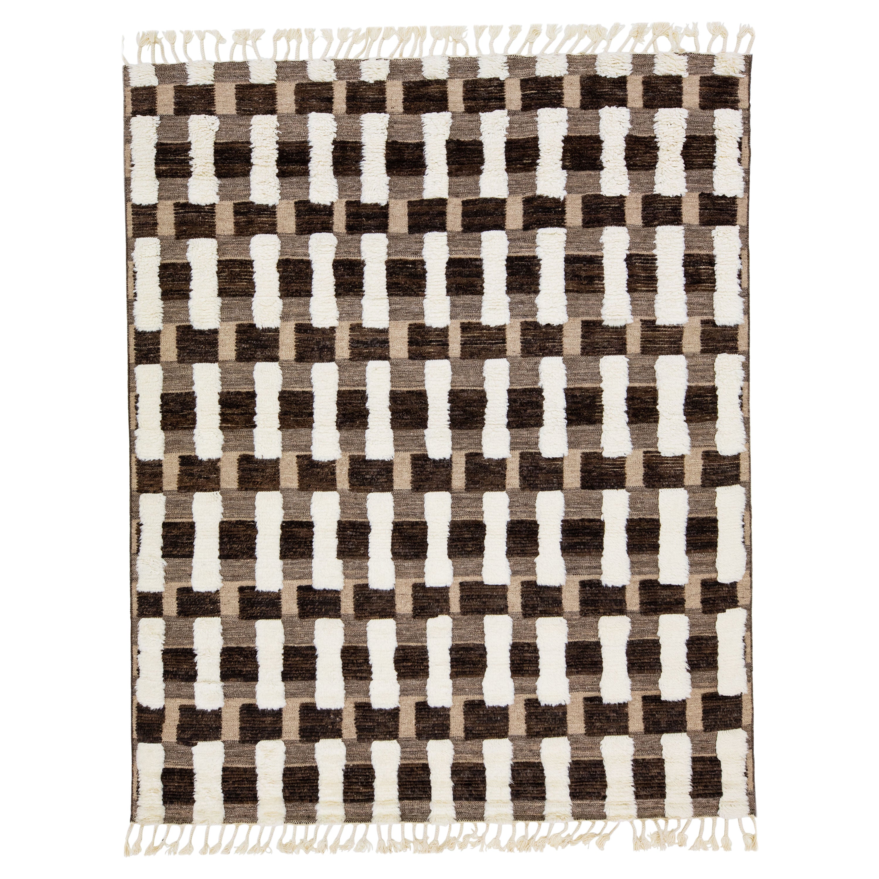 Modern Brown Wool Rug Handmade Moroccan Style With Seamless Abstract Pattern For Sale