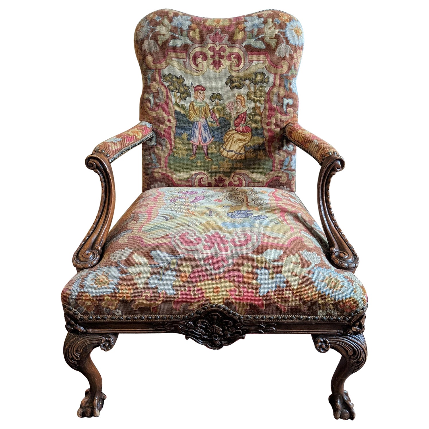 Antique Jacobean Style Needlepoint Tapestry Open Arm Chair with Carved Wood For Sale