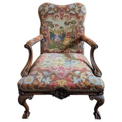 Antique Jacobean Style Needlepoint Tapestry Open Arm Chair with Carved Wood