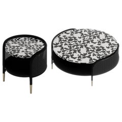Noir Bone Inlay Small Center Table with Wicker Accent